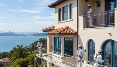 Painting crew in San Francisco, CA preparing a home exterior for professional painting services