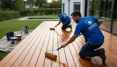 San Francisco, CA painter sealing a deck to protect wood from fog, salt air, and sun damage