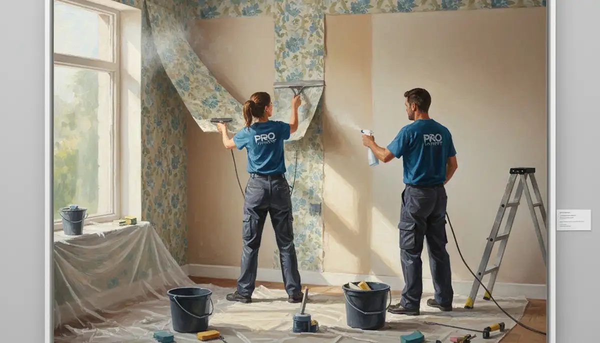 San Francisco painters removing wallpaper from an older home interior with care